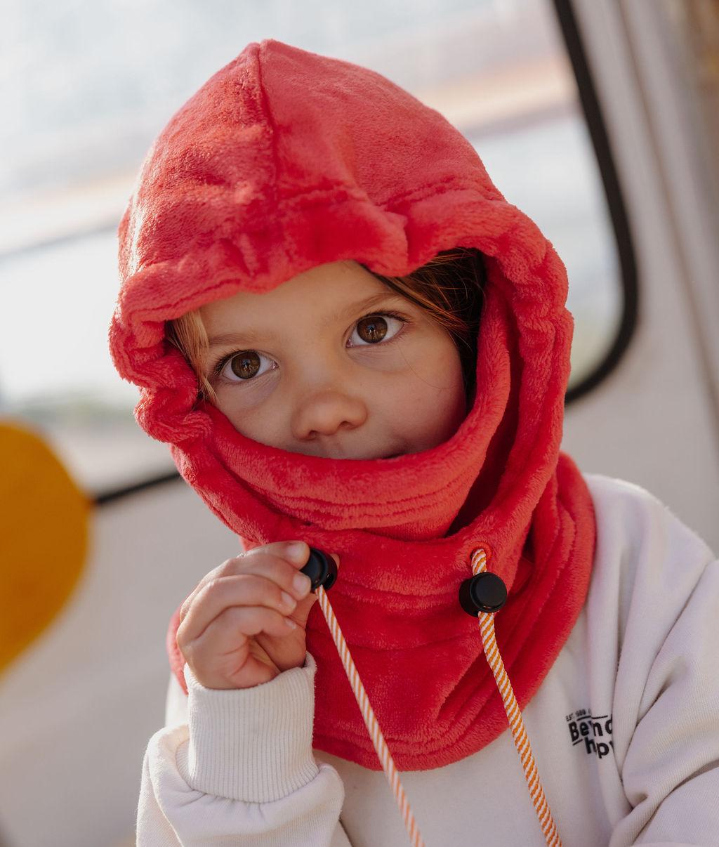 Passamontagna rosso in pile per bambini con scaldacollo regolabile, Collezione Autunno-Inverno Hello Hossy