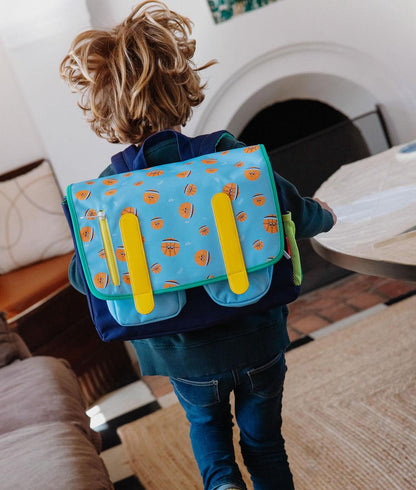 Cartella scolastica bambino blu arancione motivo Sport dettagli gialli Hello Hossy