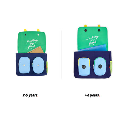 Cartella scolastica per bambini blu con motivo sportivo, palloni arancioni, vista frontale aperta, confronto tra 2 misure Hello Hossy