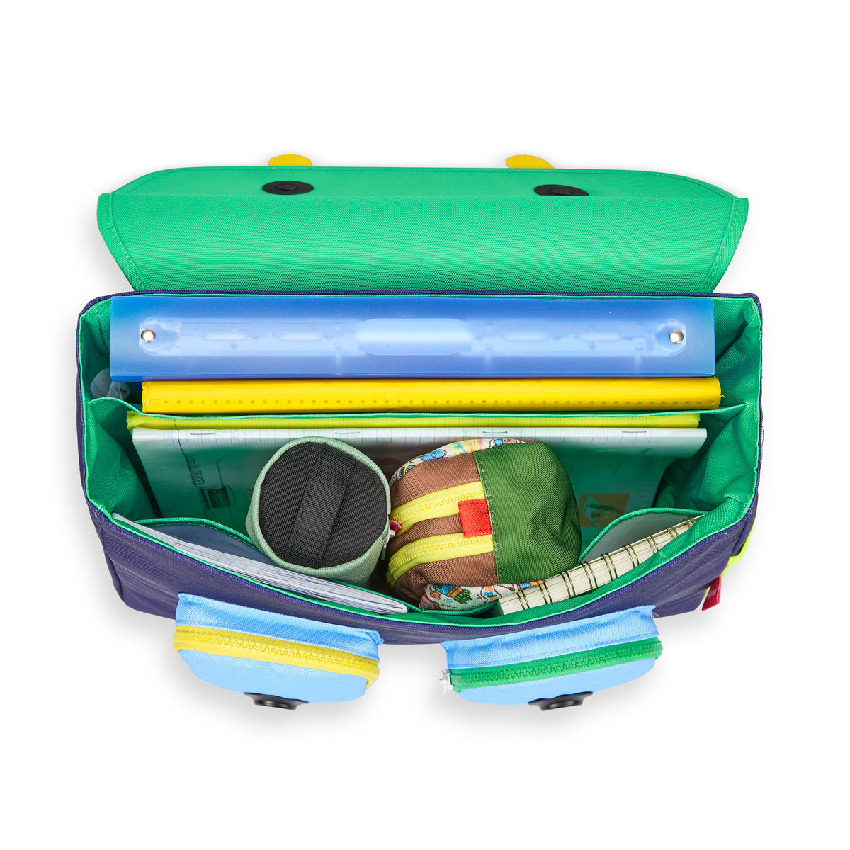 Cartella scolastica bambino blu e arancione motivo sport con scomparti multipli Hello Hossy