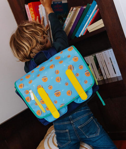 Cartella scolastica per bambini blu con stampa basket e tocchi arancioni Hello Hossy