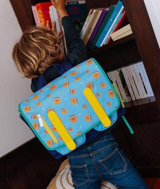 Cartella scolastica per bambini blu con stampa basket e tocchi arancioni Hello Hossy