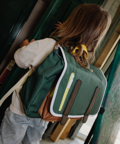 Cartella scolastica per bambini verde, tasche marroni, bande bianche Hello Hossy
