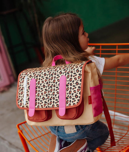 Cartella scolastica per bambini color crema con motivo leopard, tasche frontali rosa Hello Hossy