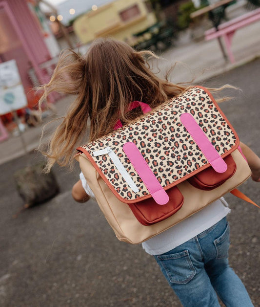 Cartella scolastica bambino color crema, motivo leopard, cinghie rosa, Hello Hossy
