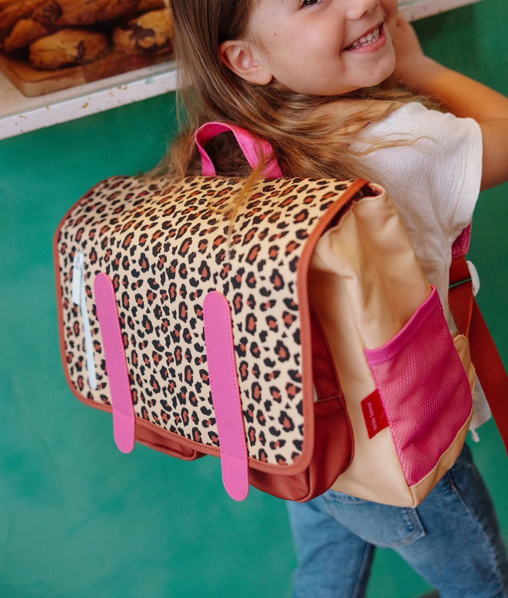 Cartella scolastica bambino beige motivo Leopard dettagli rosa Hello Hossy