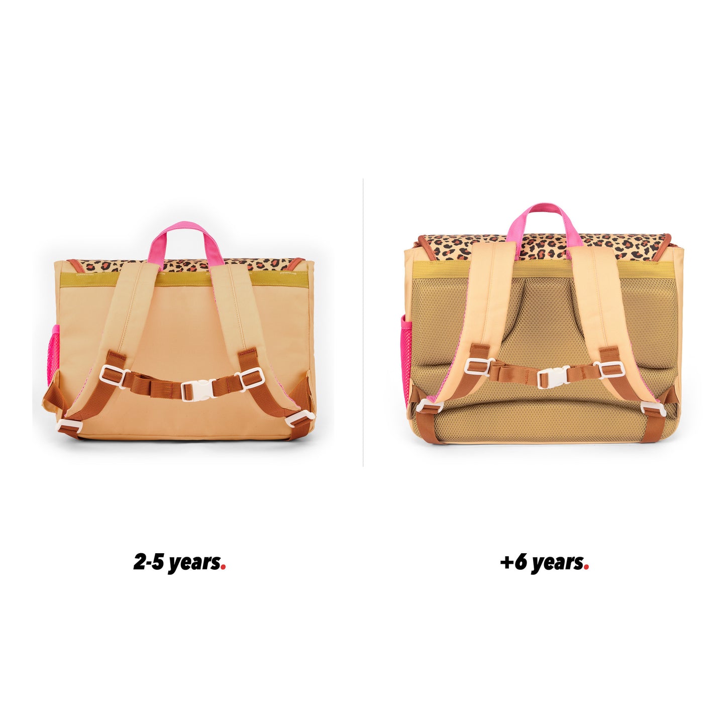 Cartella scolastica bambino crema motivo leopard tasche vista da dietro confronto 2 taglie Hello Hossy