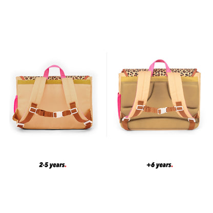 Cartella scolastica bambino crema motivo leopard tasche vista da dietro confronto 2 taglie Hello Hossy