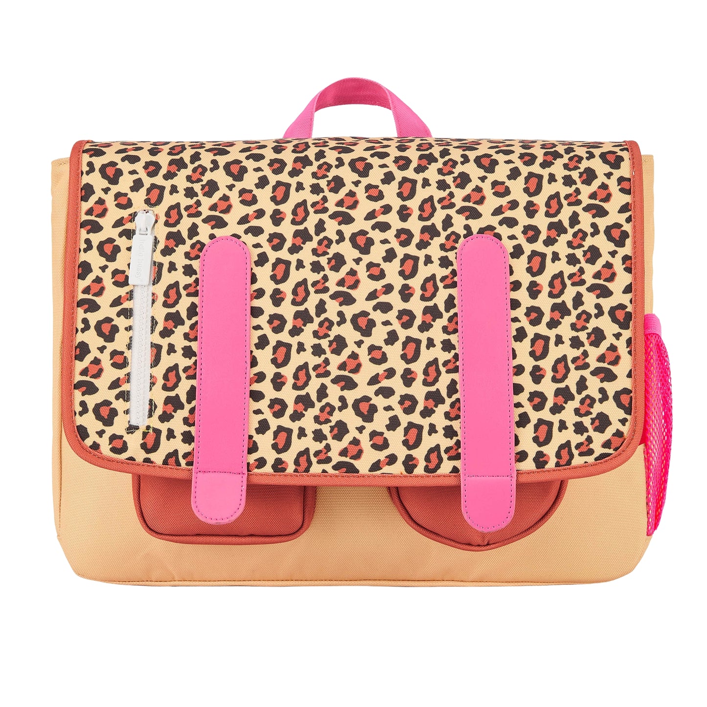 Cartella scolastica per bambini crema e marrone, motivo leopard, spallacci rosa Hello Hossy