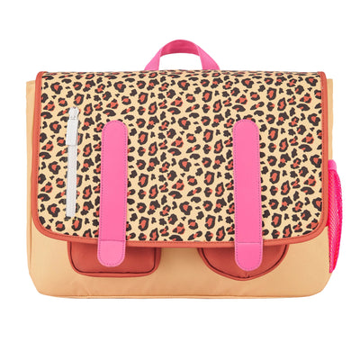 Cartella scolastica per bambini crema e marrone, motivo leopard, spallacci rosa Hello Hossy