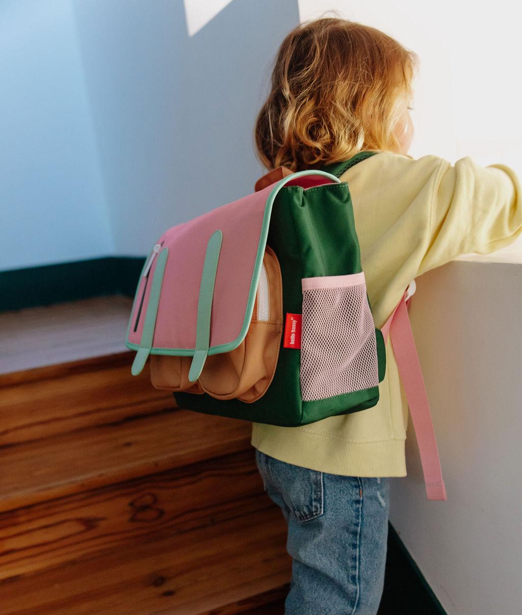Cartella scolastica bambino rosa verde dettagli Beige tasche a rete Hello Hossy