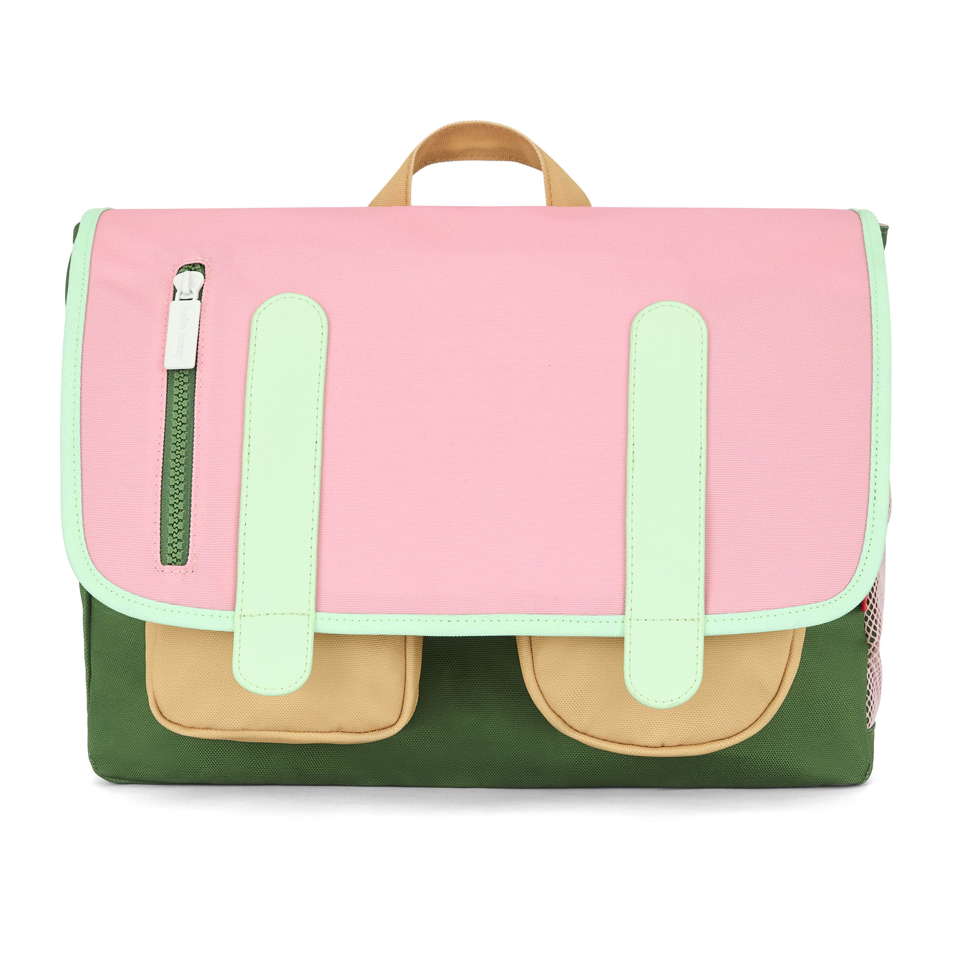 Cartella scolastica per bambini rosa tasca Beige spallacci verde chiaro Hello Hossy