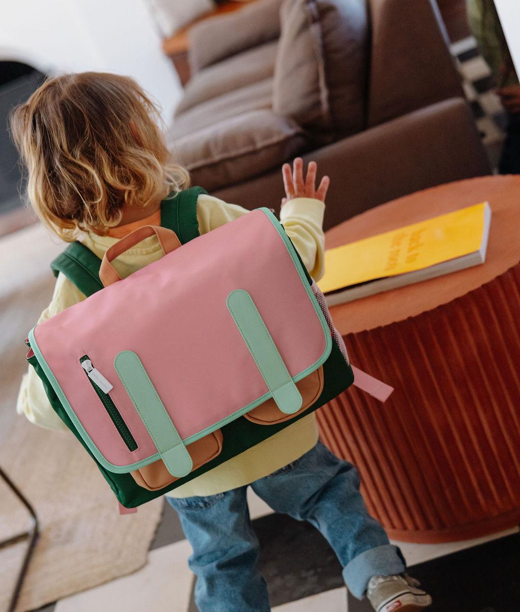 Cartella scolastica bambino rosa verde dettagli tasche Hello Hossy