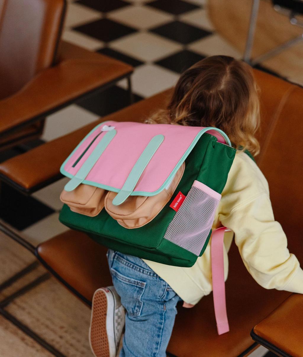 Cartella scolastica per bambini rosa e verde, tasche frontali Hello Hossy