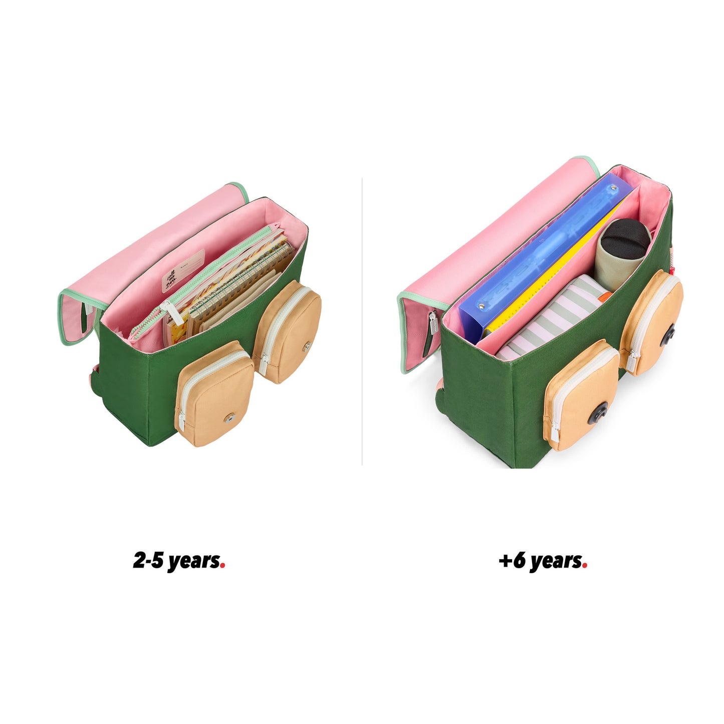 Cartella scolastica bambino rosa verde dettagli beige tasche vista aperta comparativo 2 misure Hello Hossy
