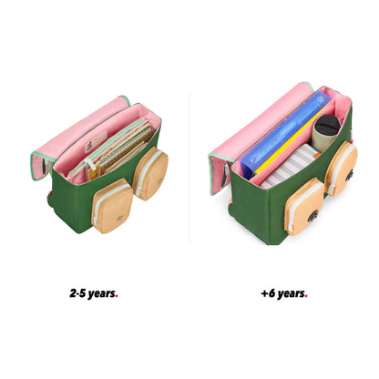 Cartella scolastica bambino rosa verde dettagli beige tasche vista aperta comparativo 2 misure Hello Hossy