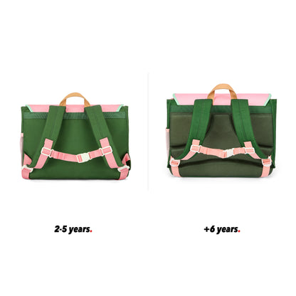 Cartella scolastica bambino rosa verde dettagli Beige tasche vista dal retro confronto 2 misure Hello Hossy