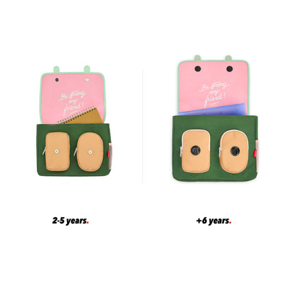 Cartella scolastica bambino rosa verde dettagli Beige tasche vista frontale aperto confronto 2 misure Hello Hossy