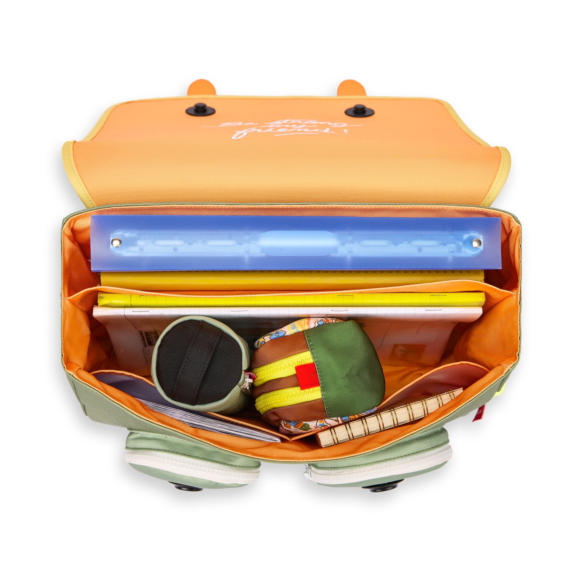 Cartella scolastica bambino verde scomparti multipli interno arancione Hello Hossy