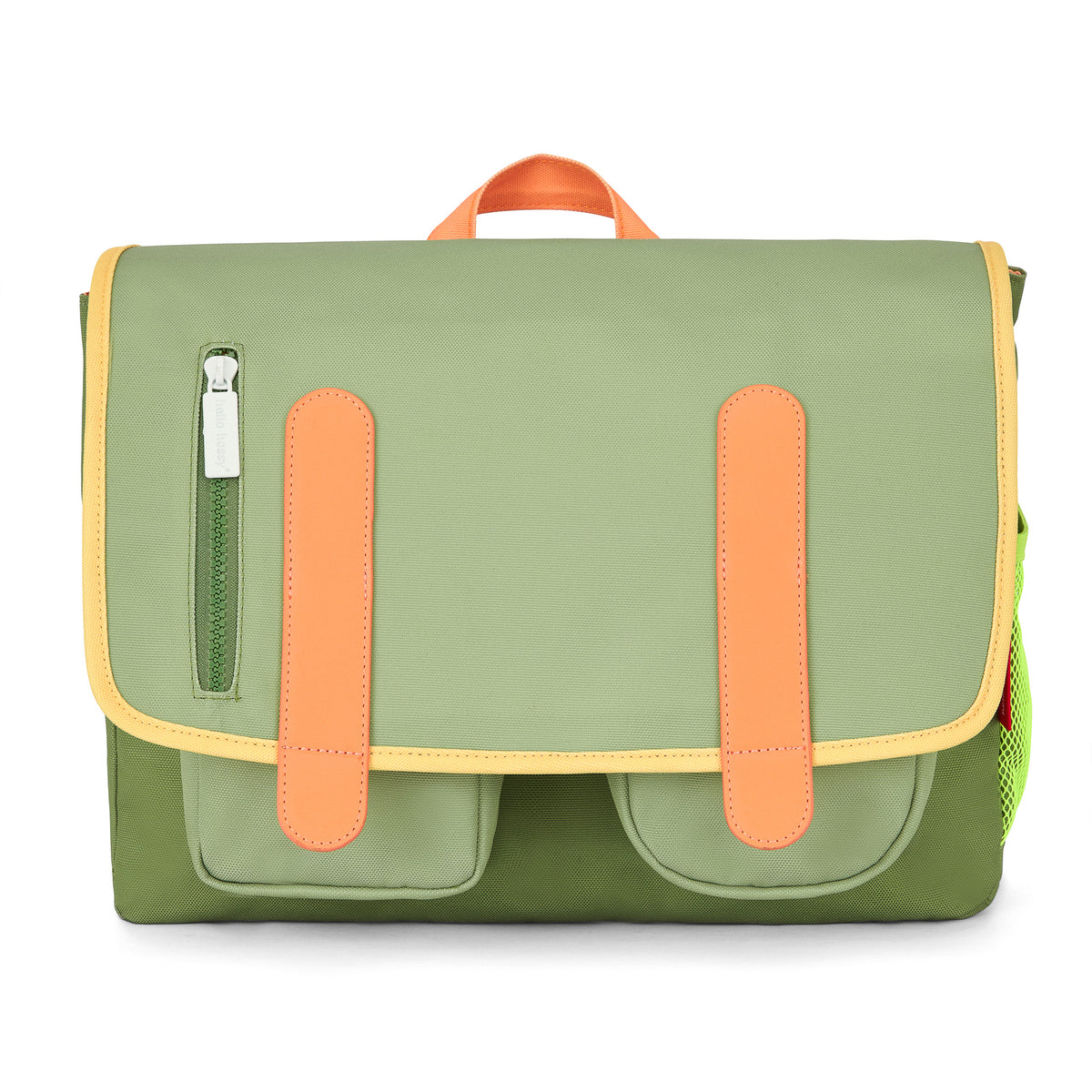 Cartella scolastica bambino verde dettagli arancione tasche anteriori Hello Hossy