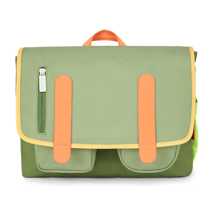 Cartella scolastica bambino verde dettagli arancione tasche anteriori Hello Hossy
