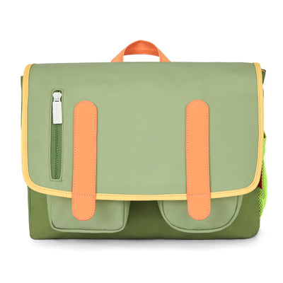 Cartella scolastica bambino verde dettagli arancione tasche anteriori Hello Hossy