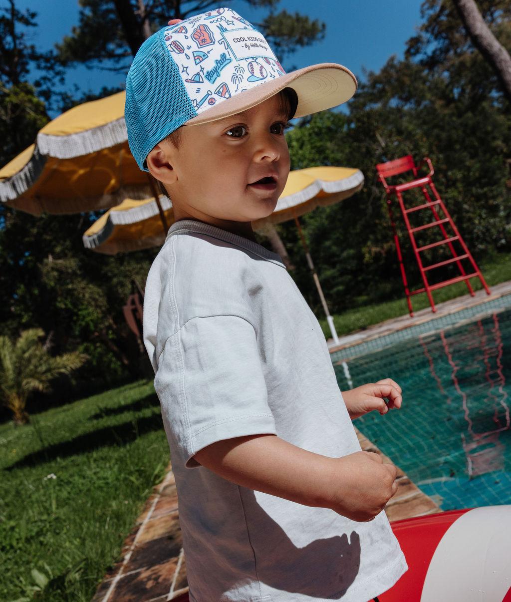 Cappellino trucker da bambino bianco e blu con motivo baseball Hello Hossy