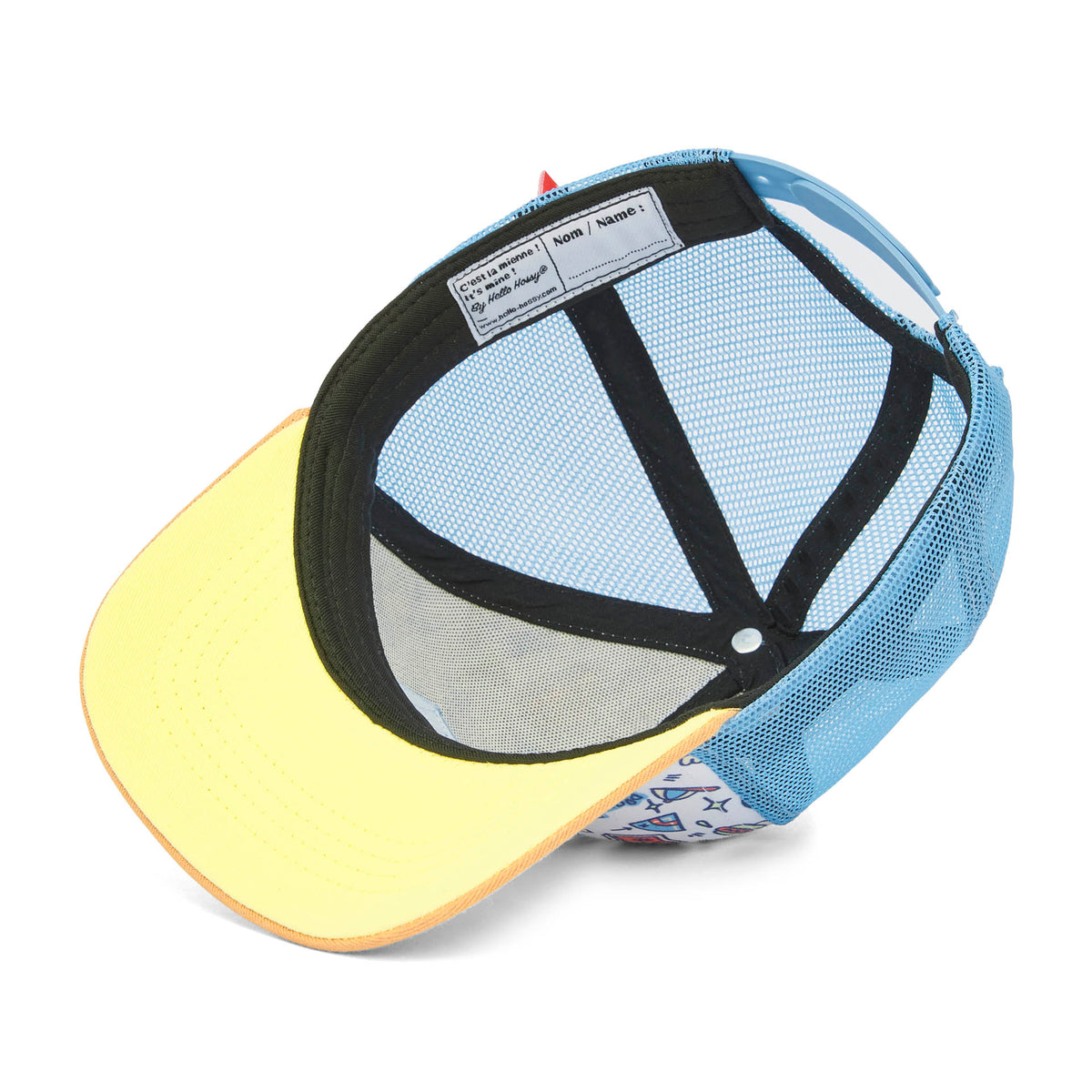 Cappellino bambino trucker con motivo baseball, rete blu, dettaglio etichetta interna Hello Hossy