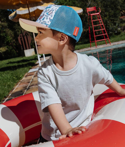 Cappellino trucker blu per bambini con motivo sport baseball Hello Hossy