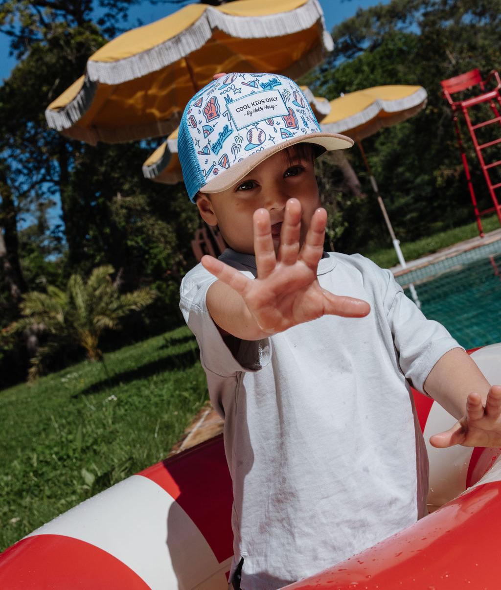 Cappellino trucker per bambini con stampa baseball visiera beige Hello Hossy