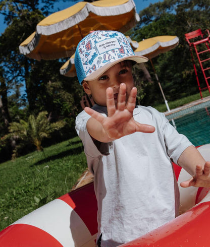 Cappellino trucker per bambini con stampa baseball visiera beige Hello Hossy