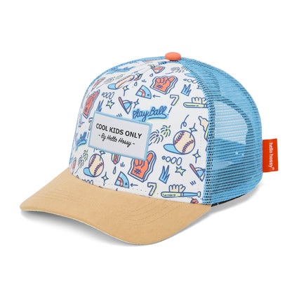 Cappellino bambino trucker blu motivo baseball non indossato Hello Hossy