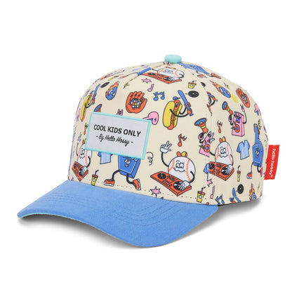 Cappellino da bambino Beige con stampa Sport, visiera blu e ricamo Cool Kids Only Hello Hossy