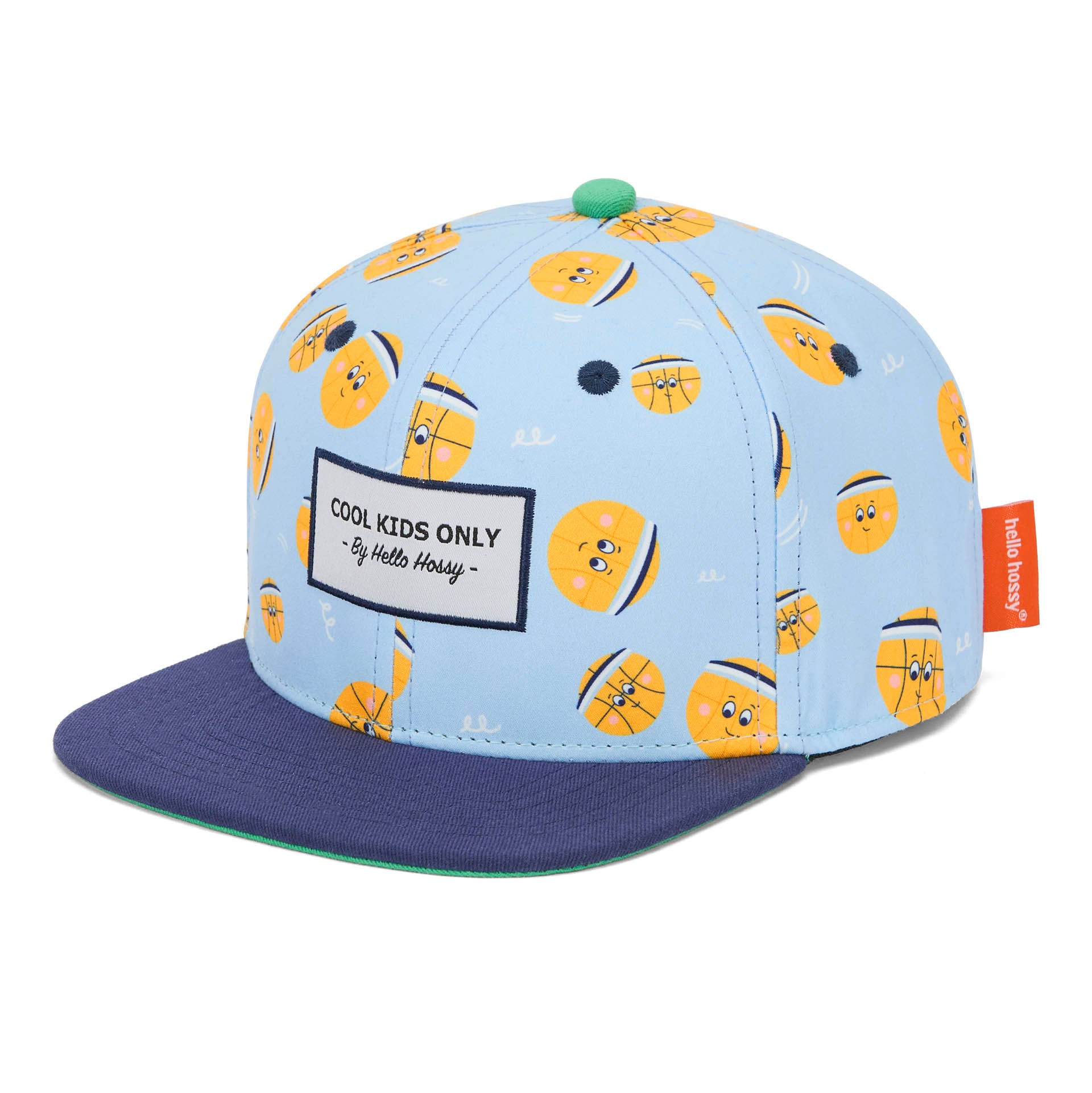 Cappellino bambino blu chiaro motivo palloncini visiera blu marine non indossato Hello Hossy