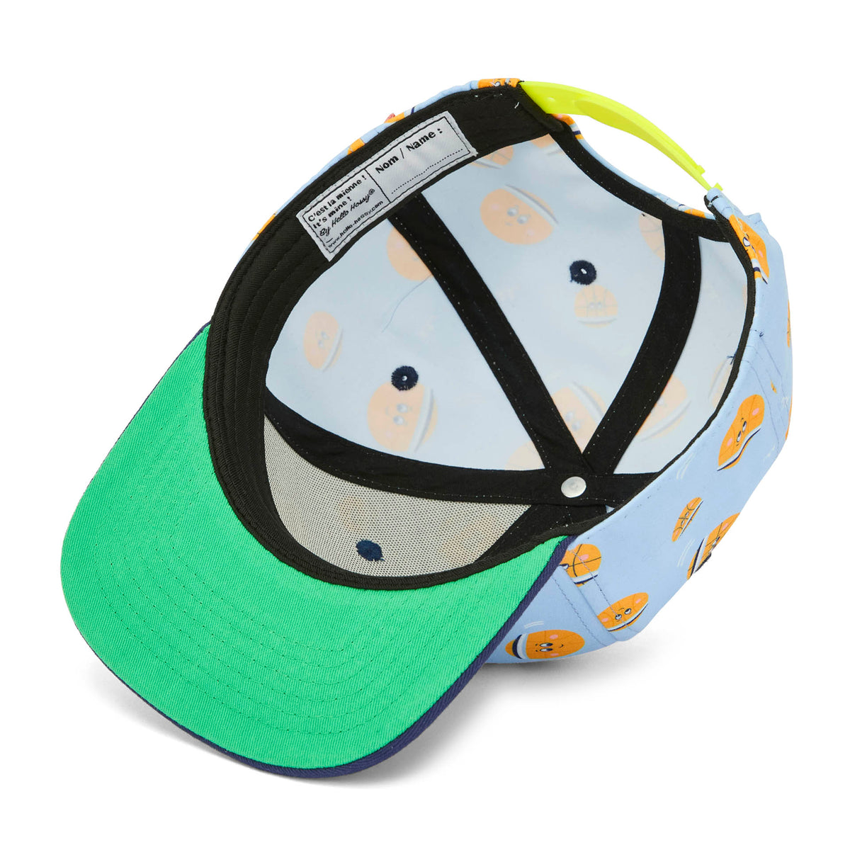 Cappellino bambino blu chiaro con stampa palloncini, dettaglio etichetta interna Hello Hossy