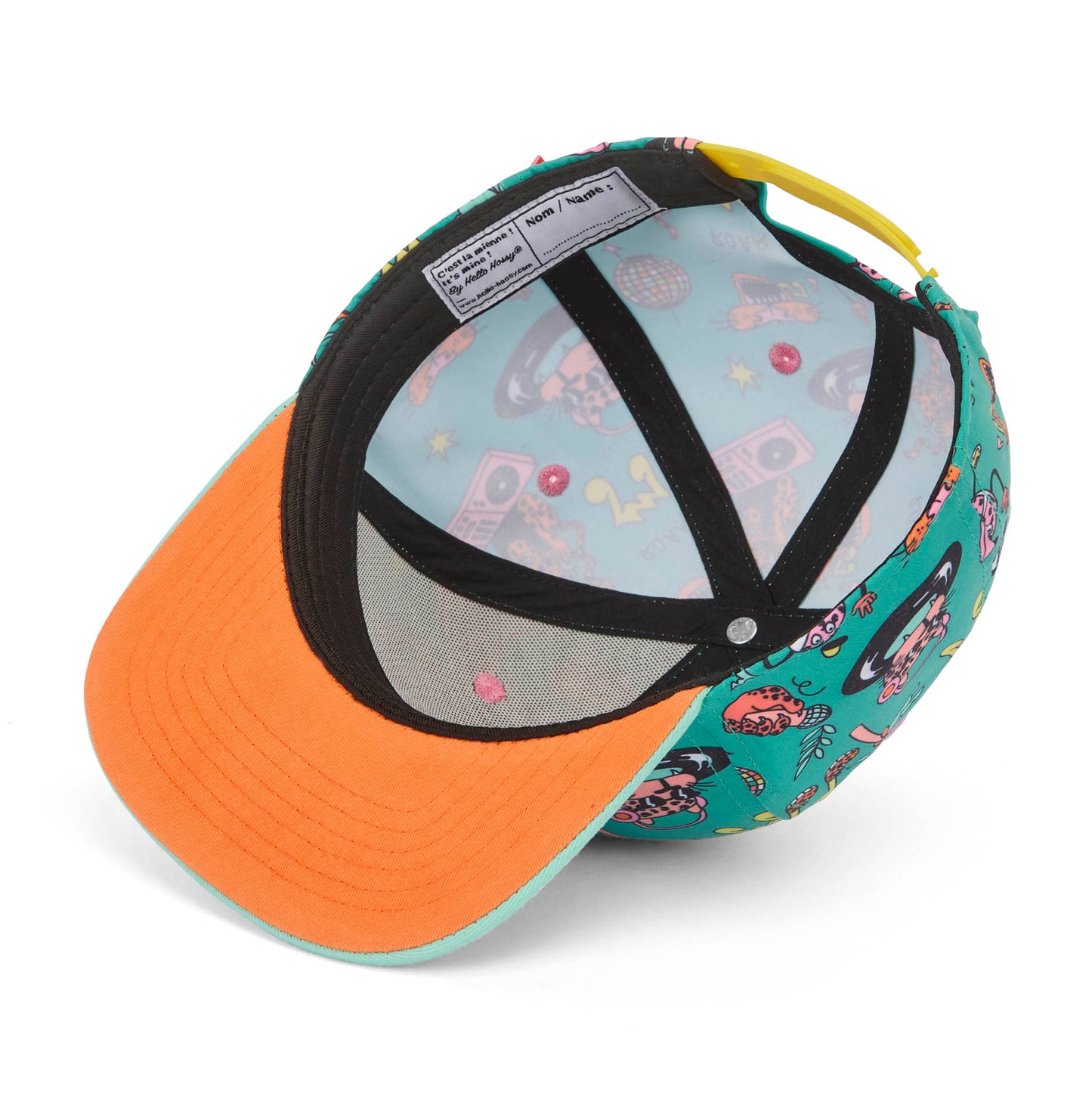 Cappellino bambino verde a motivi colorati dettaglio etichetta interna Hello Hossy