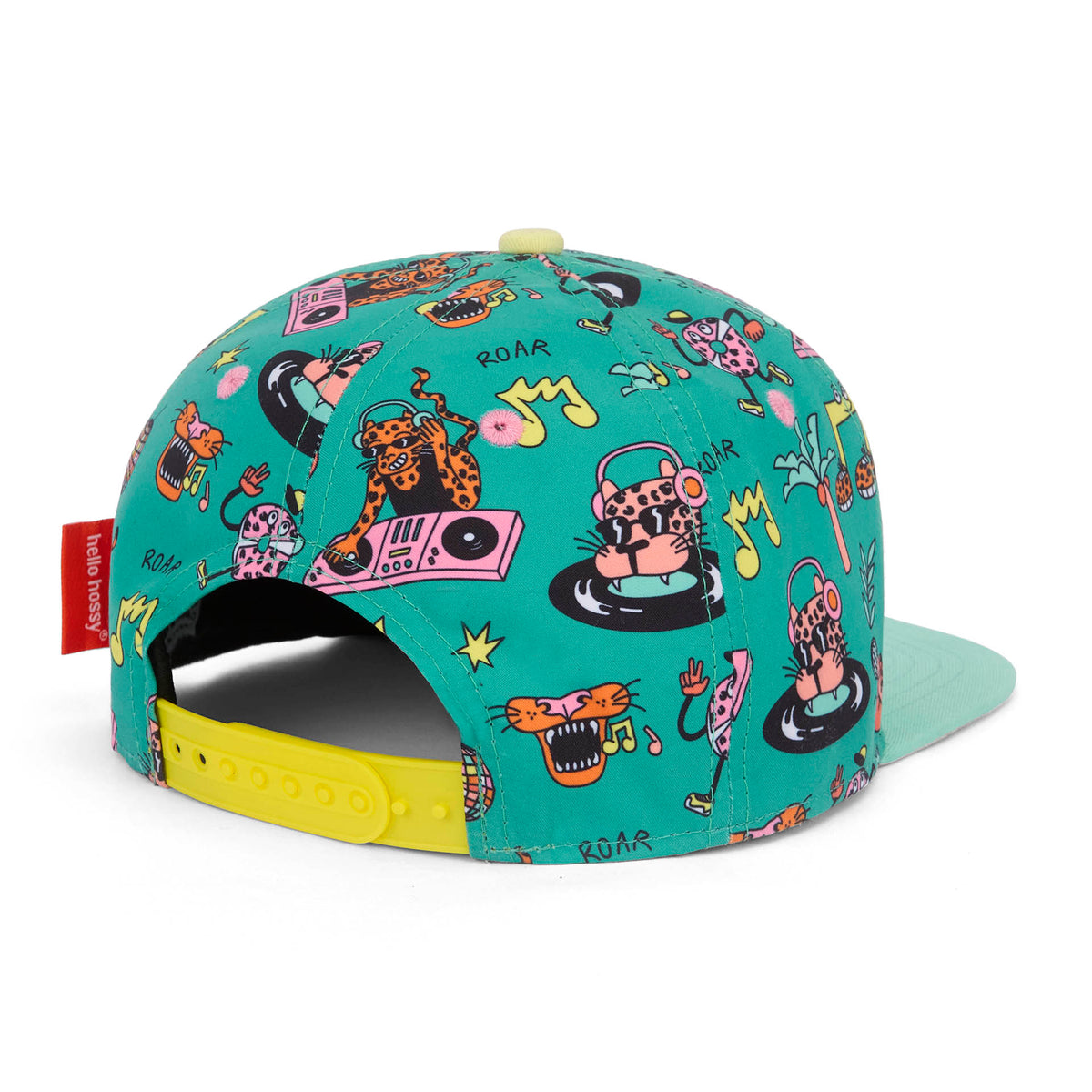 Cappellino per bambini verde, stampa multicolore, dettaglio chiusura posteriore Hello Hossy