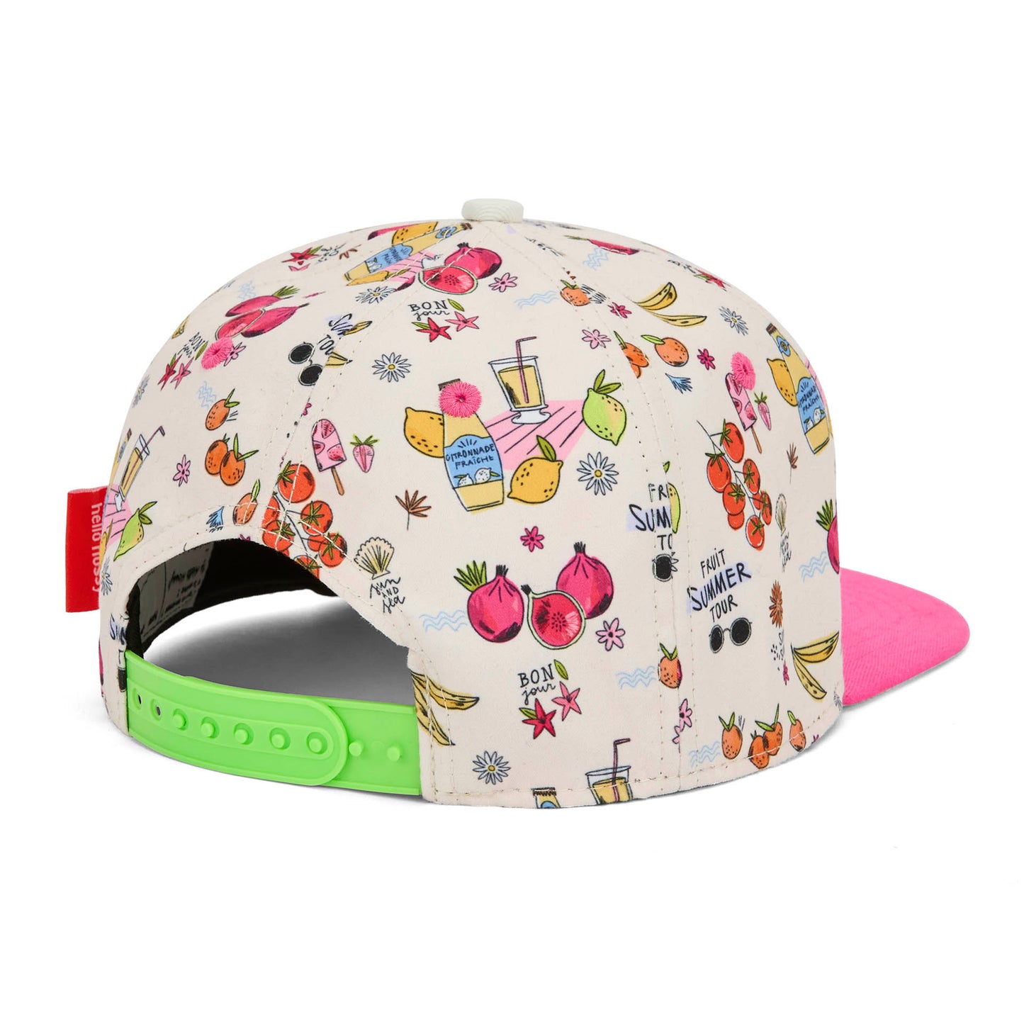 Cappellino per bambini illustrato, visiera rosa, dettaglio chiusura posteriore Hello Hossy