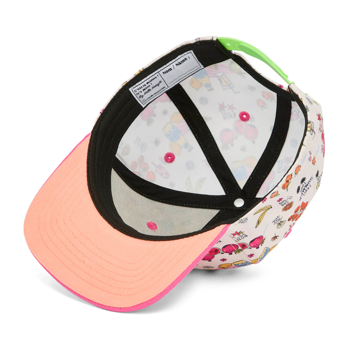 Cappellino bambino stampato frutta e motivi colorati dettaglio etichetta interna Hello Hossy