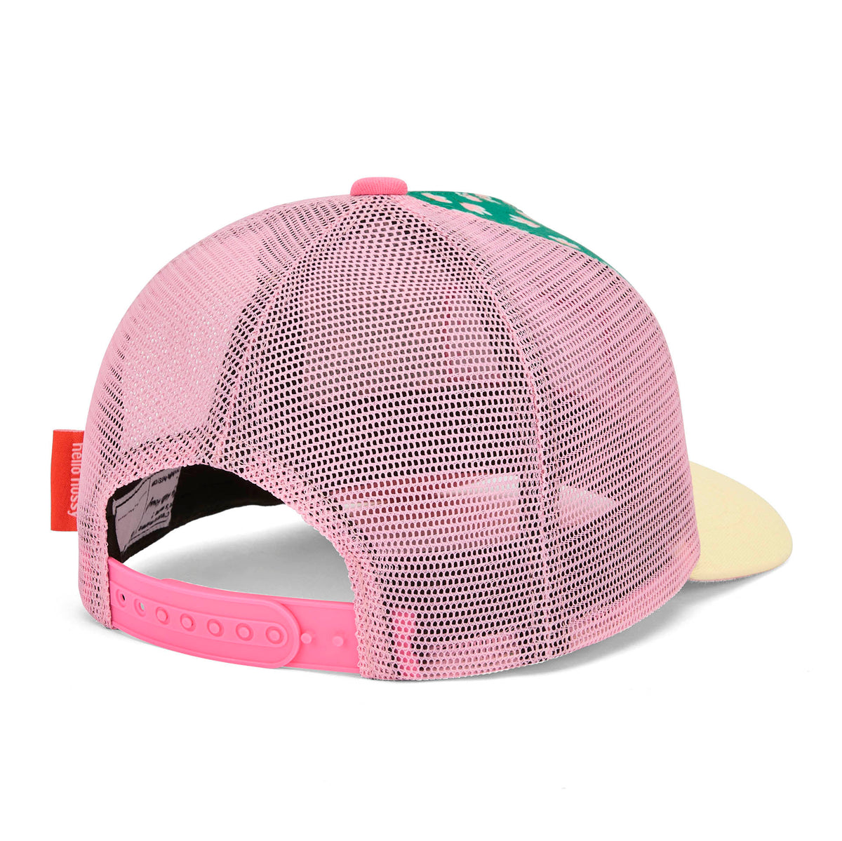 Cappellino bambino trucker verde a fiori rosa e rete con dettaglio chiusura posteriore Hello Hossy