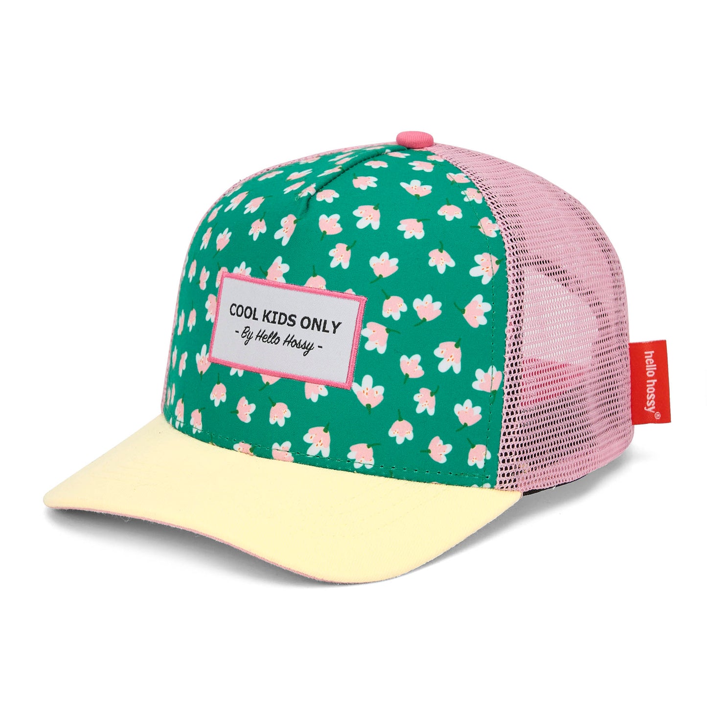 Cappellino bambino trucker verde con motivo fiori rosa, non indossato, Hello Hossy