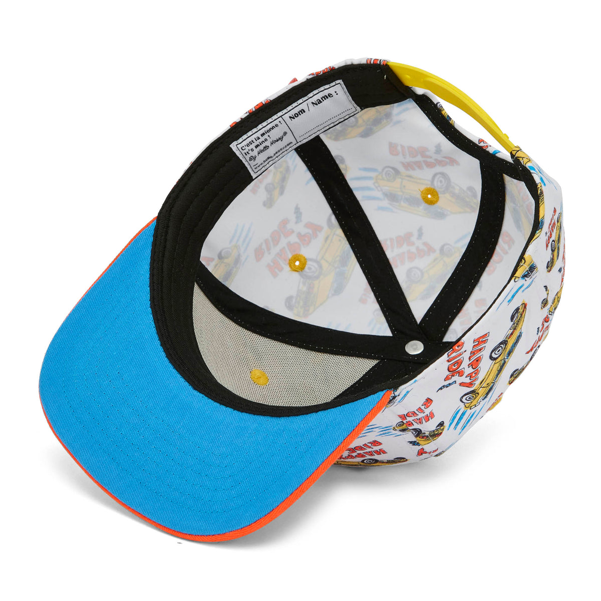 Cappellino bambino con macchinine stampate, visiera arancione e dettaglio etichetta interna Hello Hossy