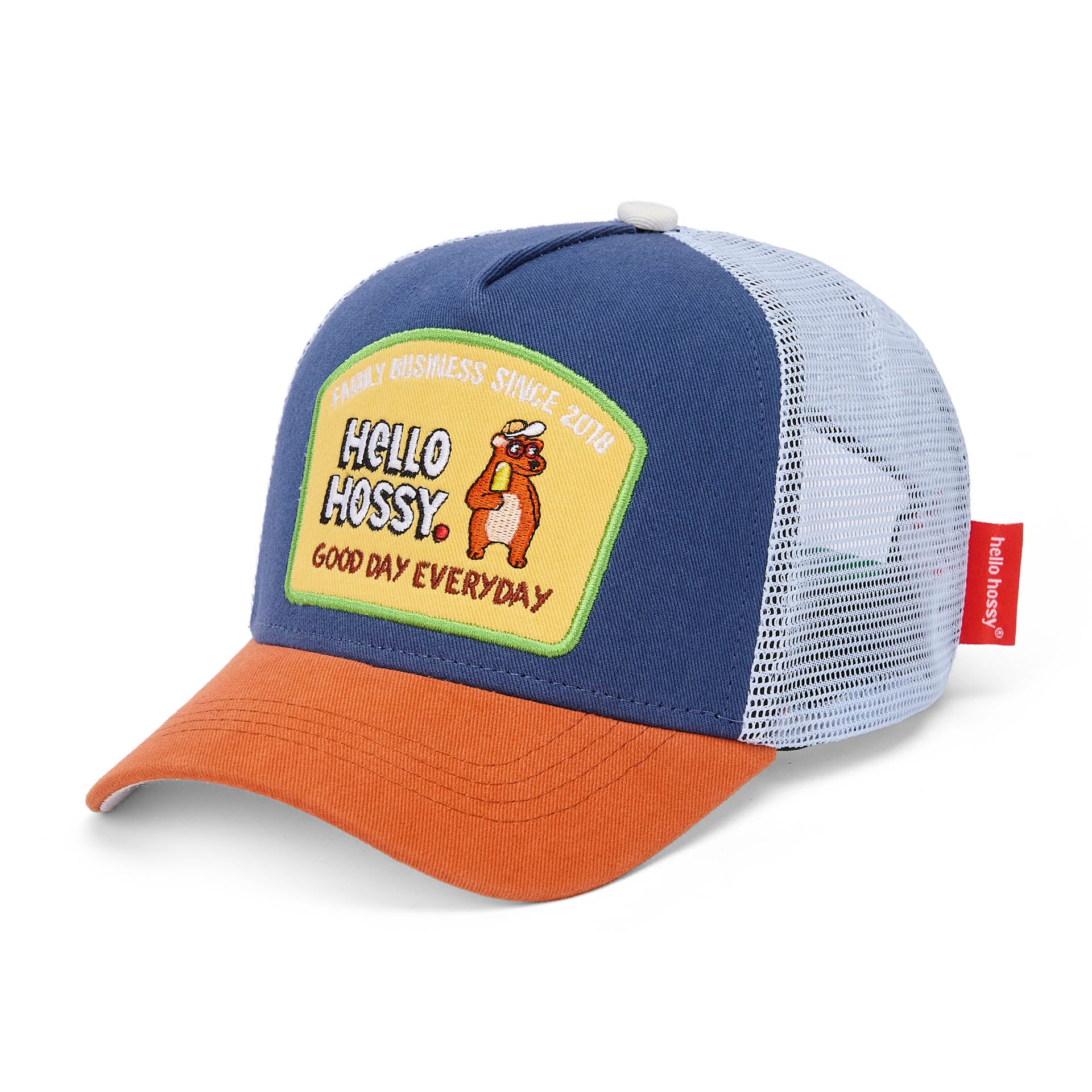 Cappellino bambino blu visiera arancione rete posteriore patch Hello Hossy