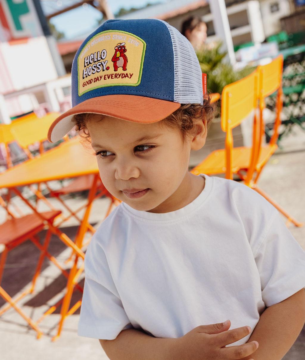 Cappellino bambino blu-arancione con visiera curva patch Hello Hossy