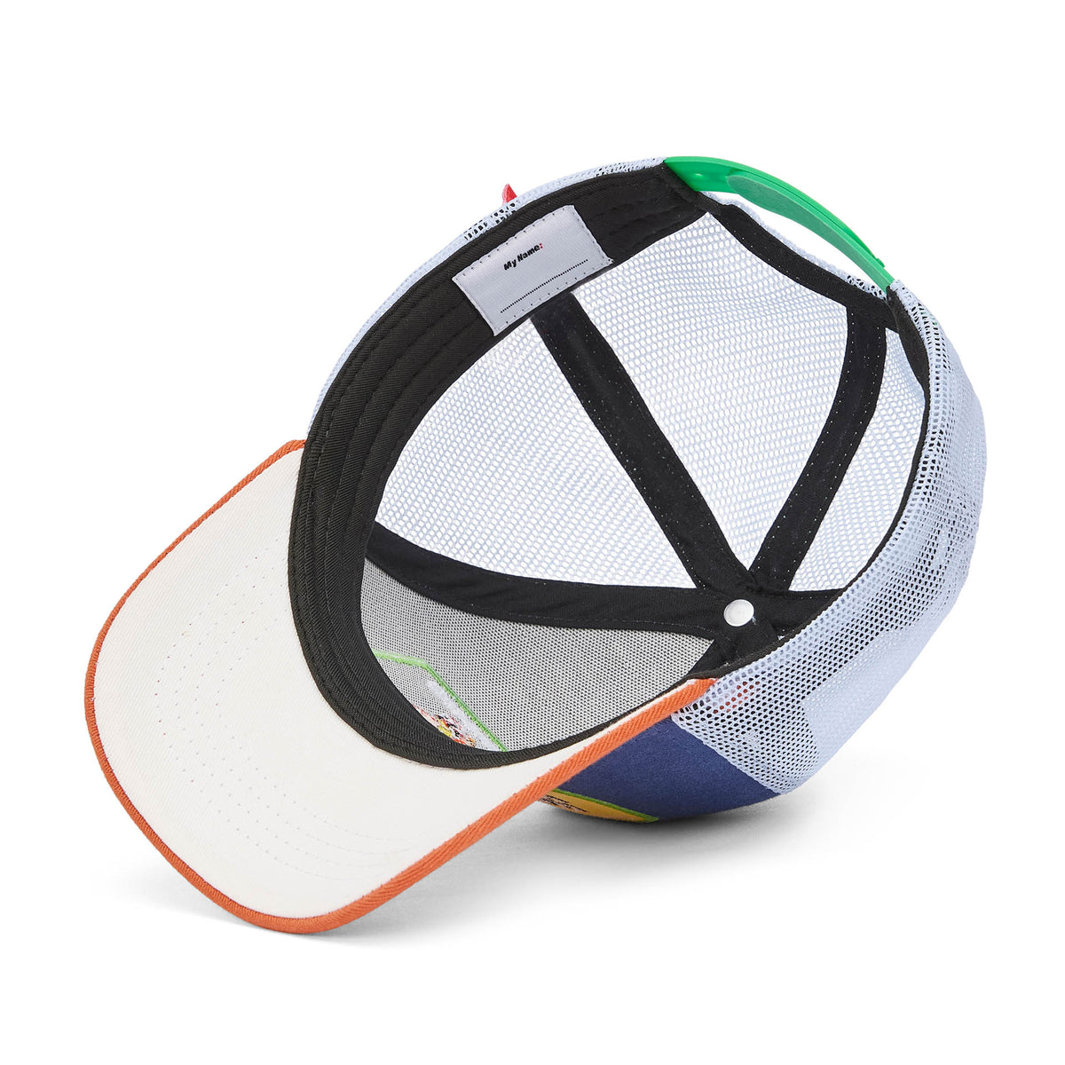 Cappellino bambino blu arancione visiera curva rete bianco Hello Hossy