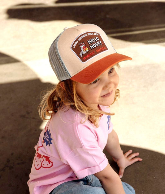 Cappellino bambino beige visiera arancione patch Hello Hossy