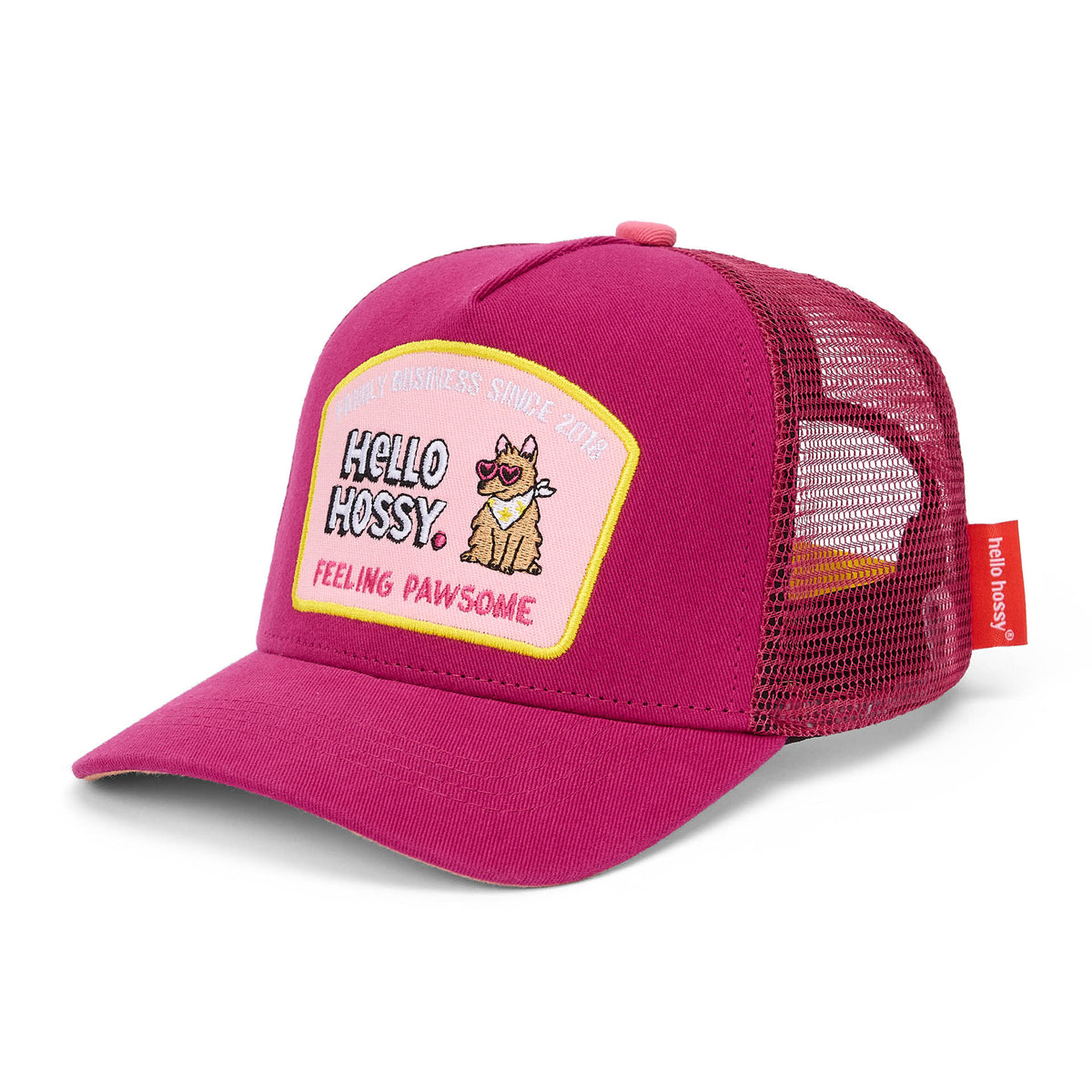 Cappellino bambino fuchsia con visiera curva, patch cane Hello Hossy