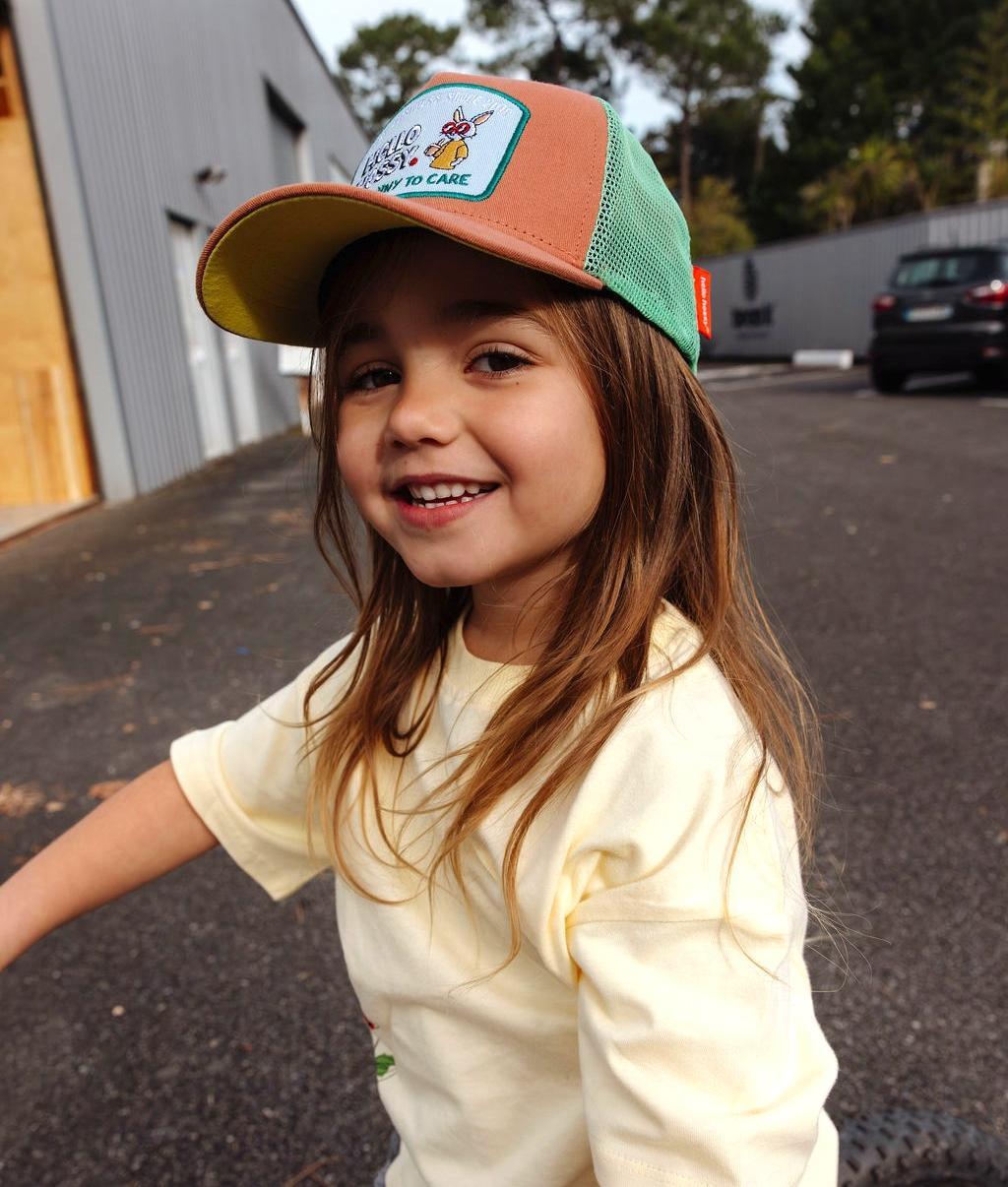 Cappellino per bambini marrone verde, visiera curva, patch Hello Hossy