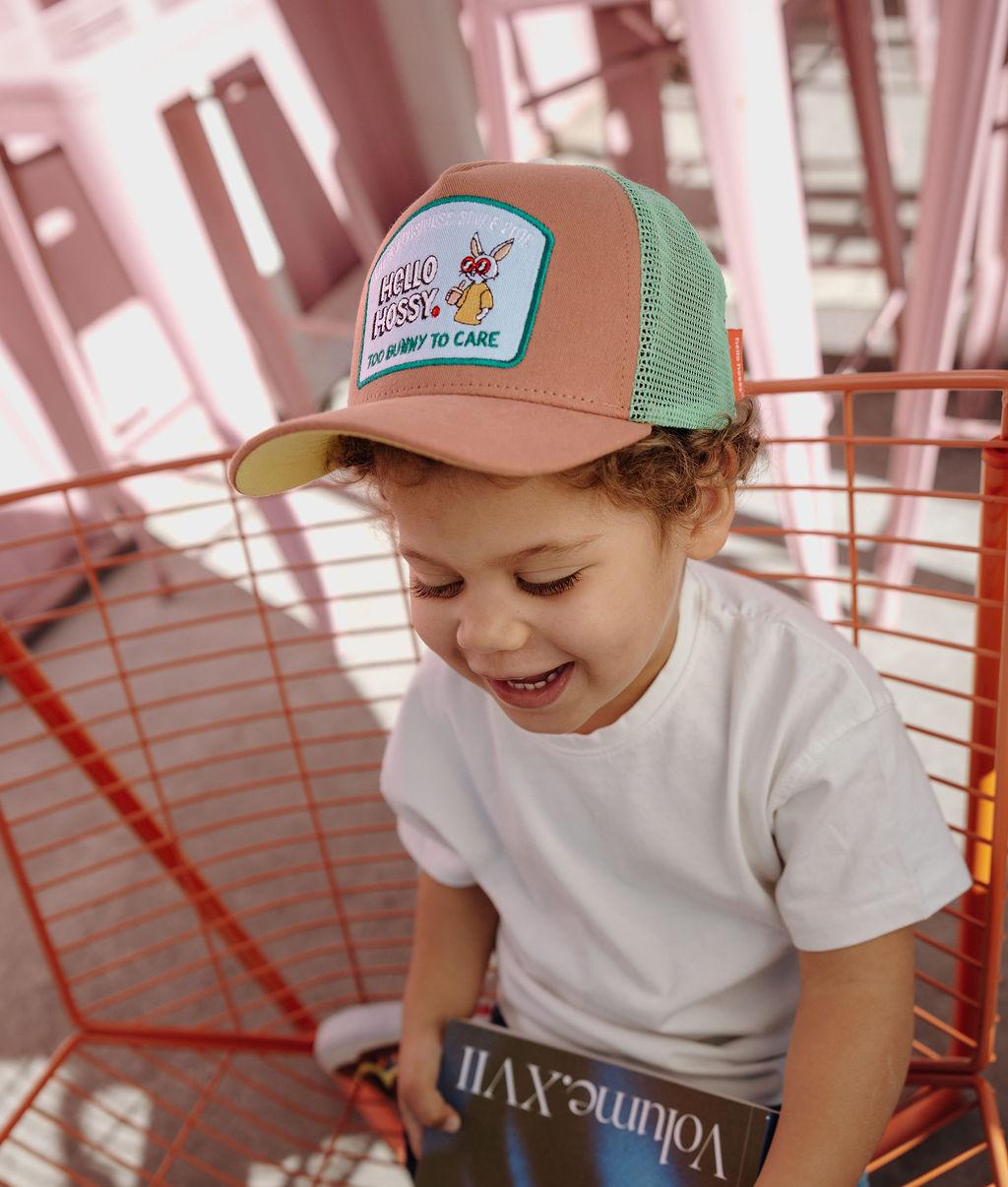 Cappellino bambino marrone verde visiera curva patch coniglio Hello Hossy
