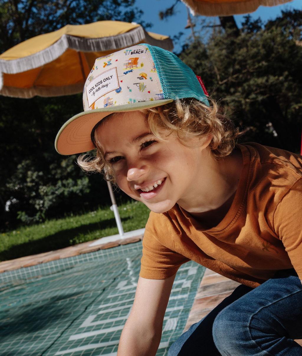 Cappellino bambino Beige blu stampato spiaggia rete posteriore visiera curva Hello Hossy